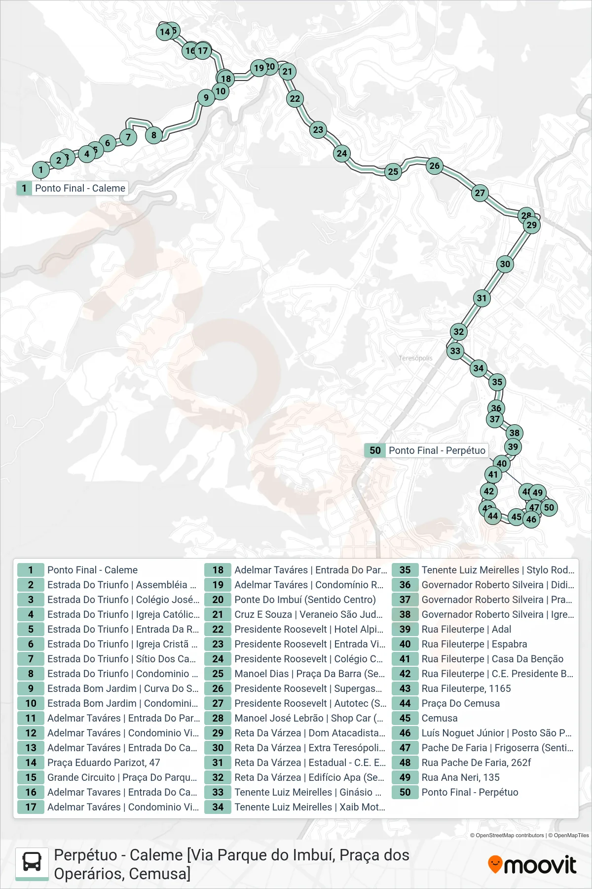 Rota e paradas da linha de ônibus  P03  (Perpétuo [Via Pça. Operários, Cemusa]) no mapa