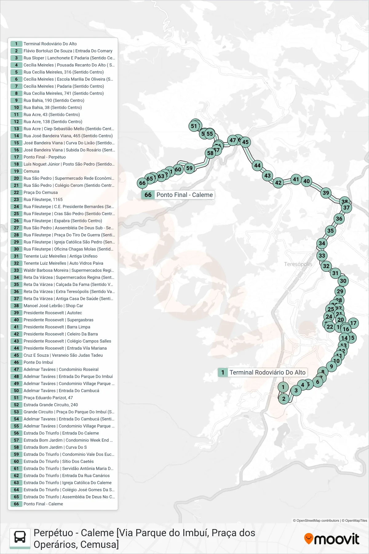 Rota e paradas da linha de ônibus  P03  (Caleme [Via Pq. Imbuí, Golf]) no mapa