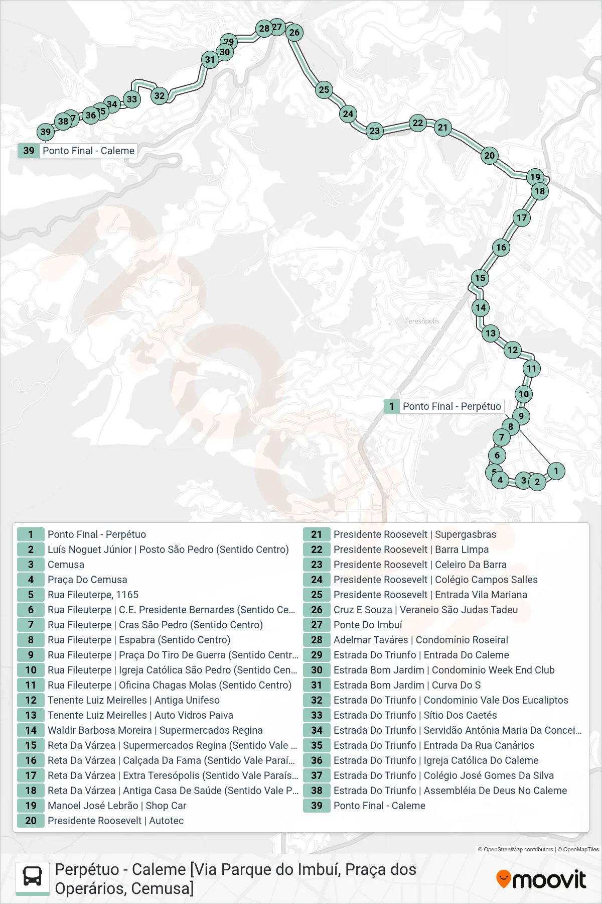 Rota e paradas da linha de ônibus  P03  (Caleme [Via Várzea, Golf]) no mapa