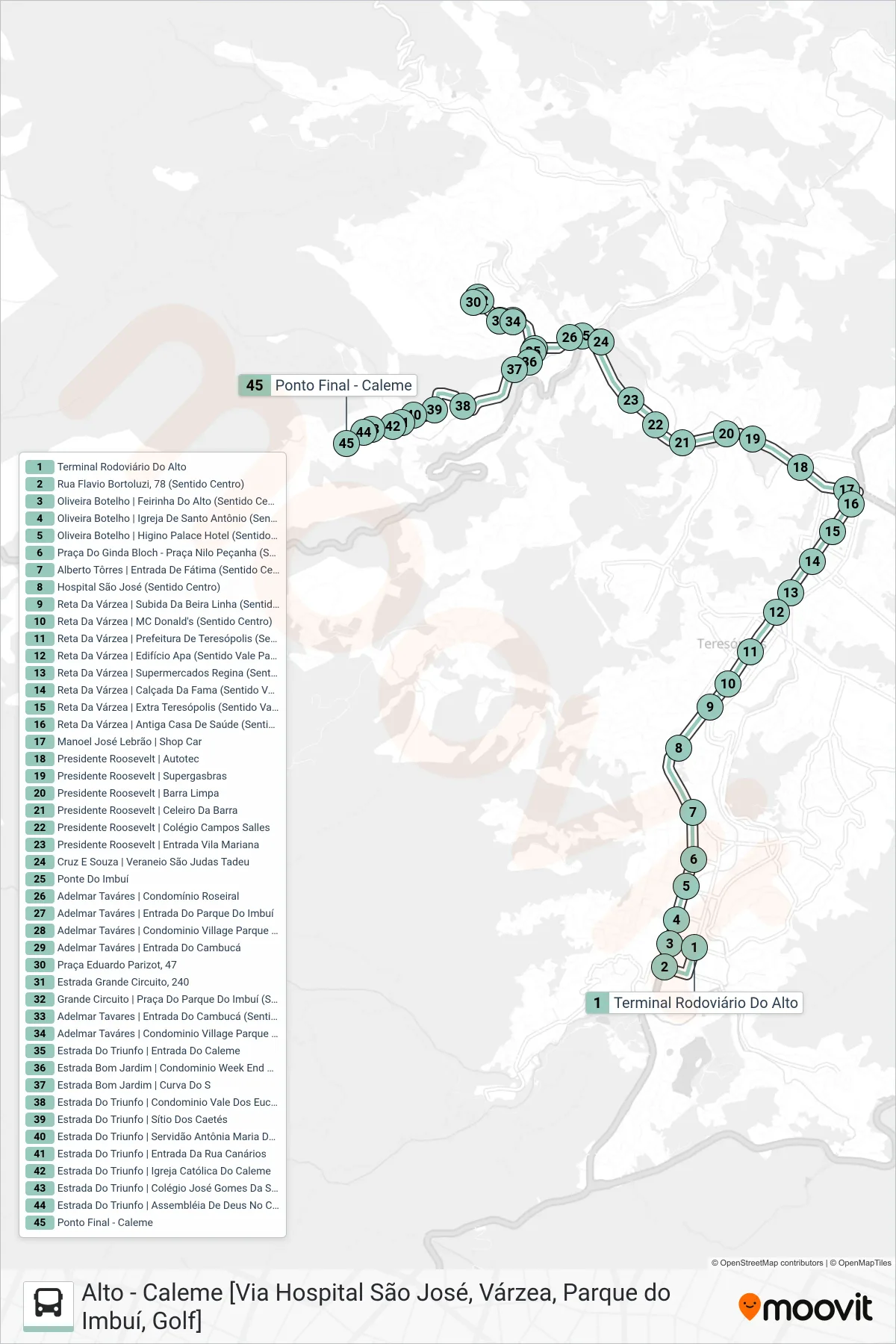 Rota e paradas da linha de ônibus  P05  (Caleme [Via Pq. Imbuí, Golf]) no mapa