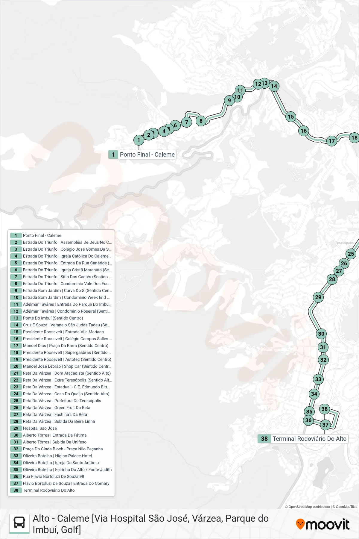 Rota e paradas da linha de ônibus  P05  (Alto [Via Várzea]) no mapa
