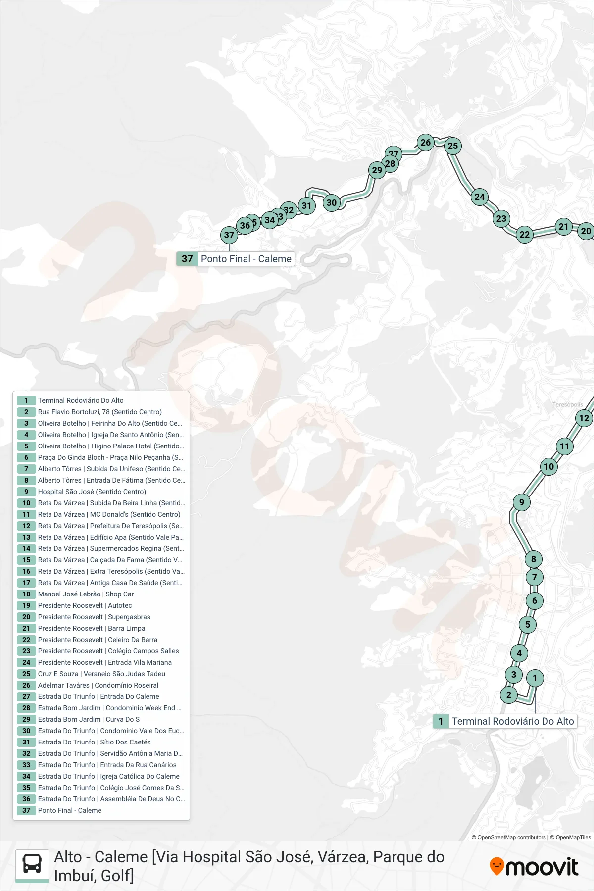 Rota e paradas da linha de ônibus  P05  (Caleme [Via Várzea, Golf]) no mapa
