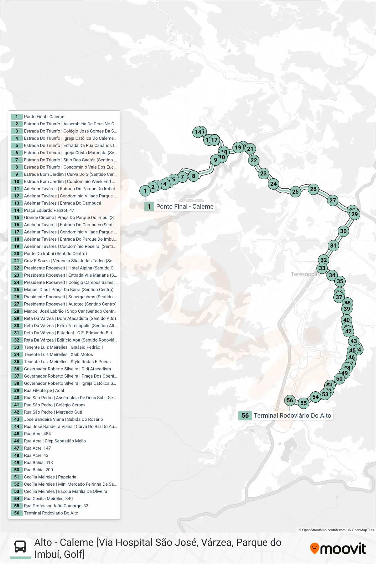 Rota e paradas da linha de ônibus  P05  (Alto [Via Rosário, Pça. Operários]) no mapa
