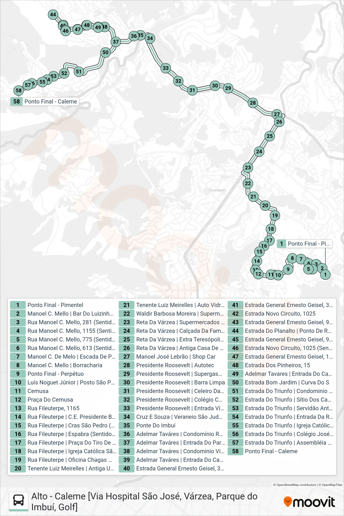 Rota e paradas da linha de ônibus  P05  (Caleme ↔ Cambucá                                                              [Via Fileuterpe, Cemusa]) no mapa