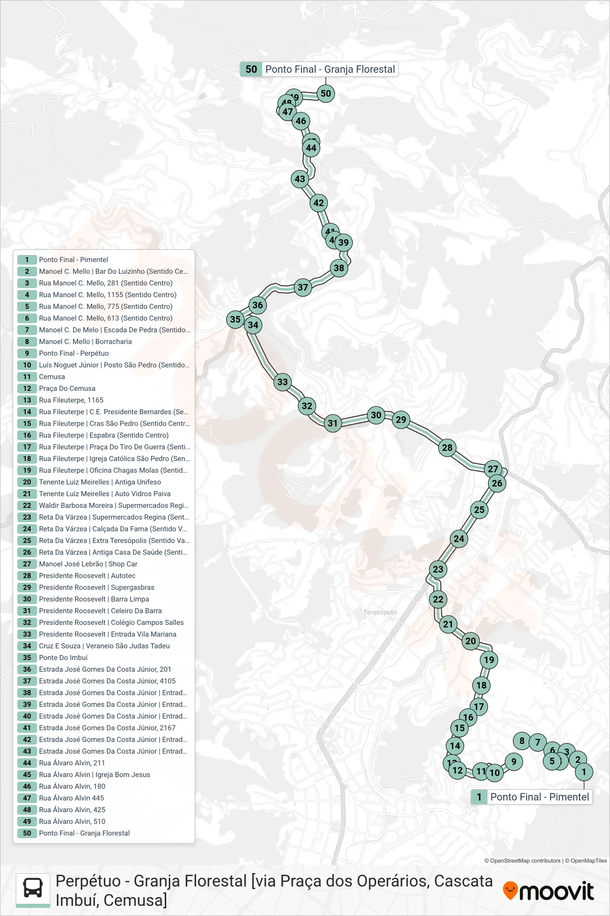 Rota e paradas da linha de ônibus  P06  (Grj. Florestal [Via Casc. Imbuí]) no mapa