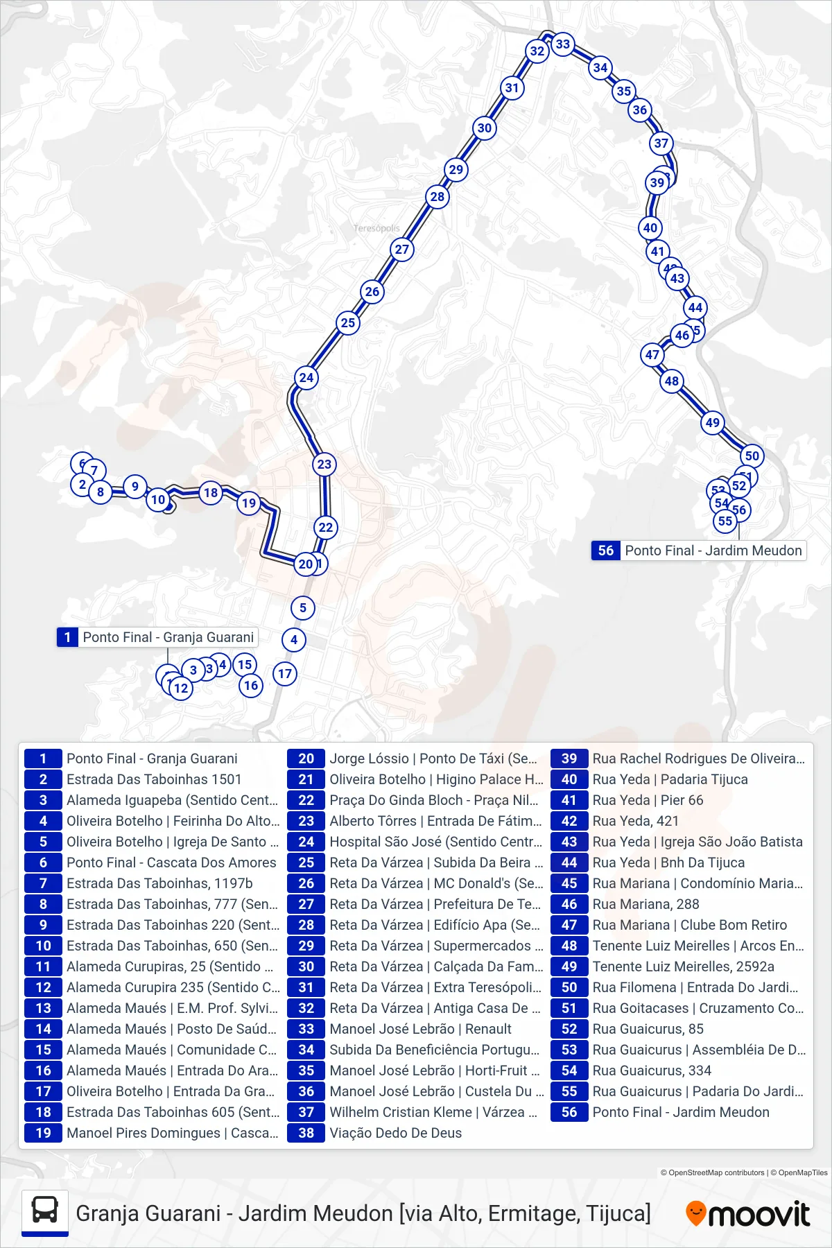 Rota e paradas da linha de ônibus  01  (Jd. Meudon [Via Ermitage, Tijuca]) no mapa