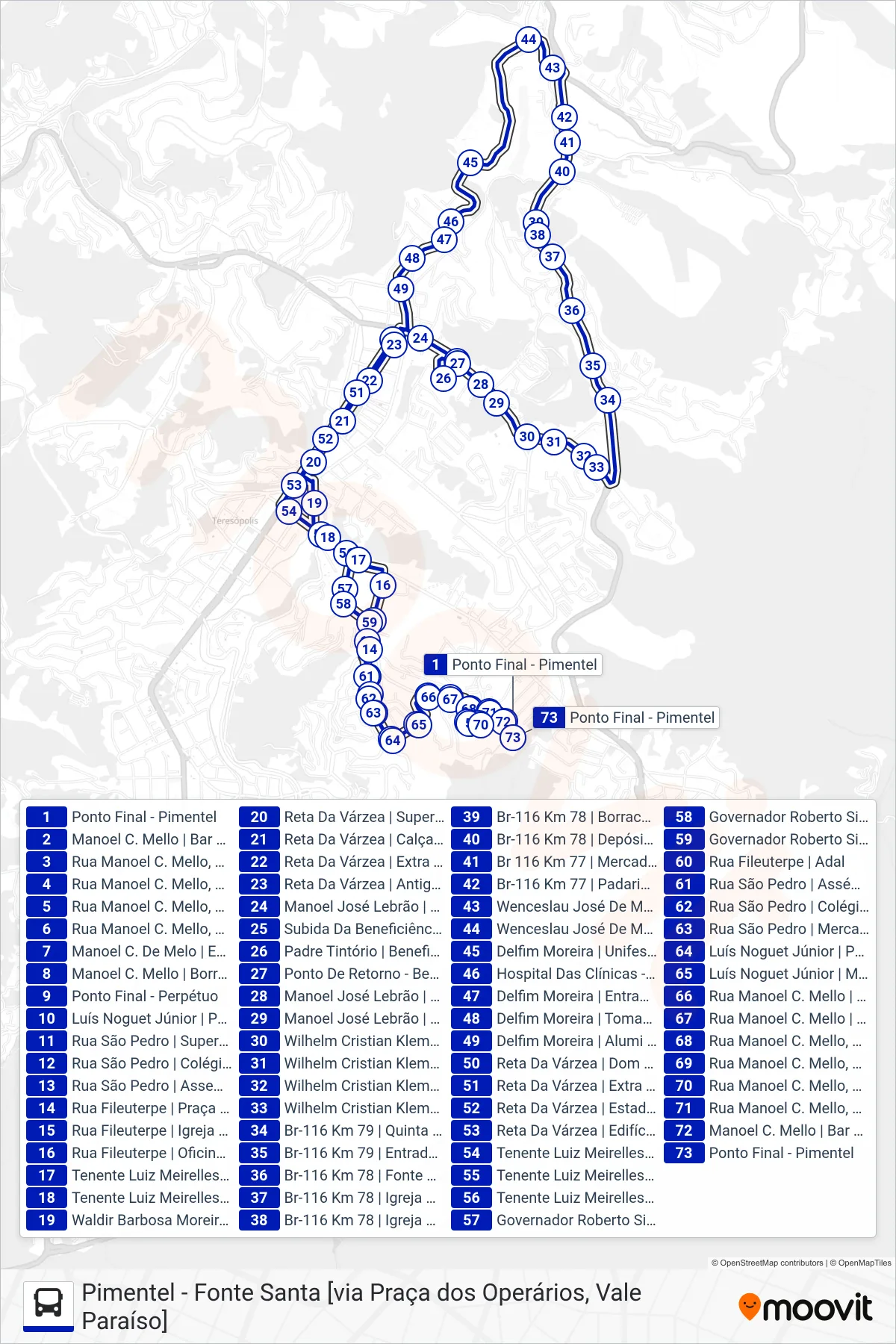 Rota e paradas da linha de ônibus  02  (Pimentel ↔ Fonte Santa                                                      [Via Fileuterpe, B. Portuguesa]) no mapa