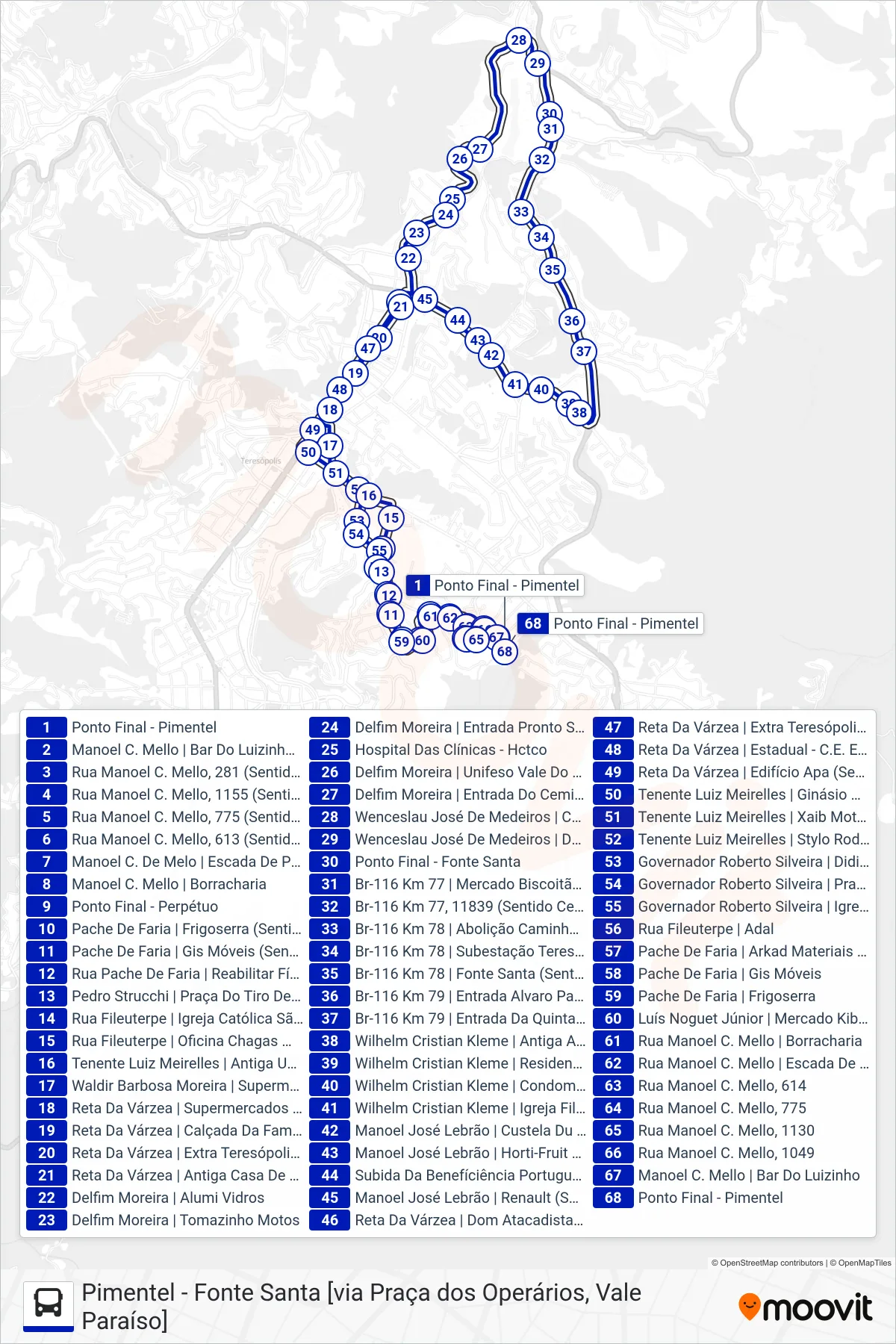 Rota e paradas da linha de ônibus  02  (Pimentel ↔ Fonte Santa                                                              [Via Pça. Operários, Hcto]) no mapa