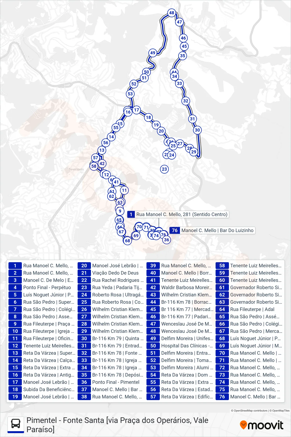 Rota e paradas da linha de ônibus  02  (Pimentel ↔ Fonte Santa                                                [Via Pça. Operários, Ermitage]) no mapa