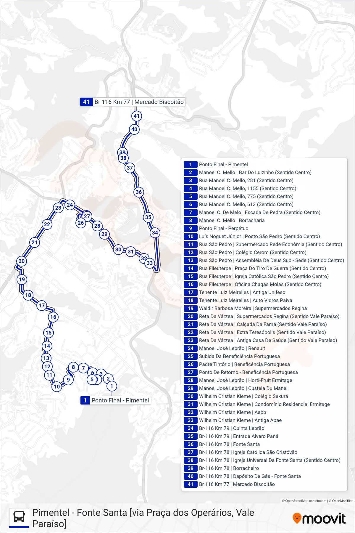 Rota e paradas da linha de ônibus  02  (Fonte Santa [Via Fileuterpe, B. Portuguesa]) no mapa