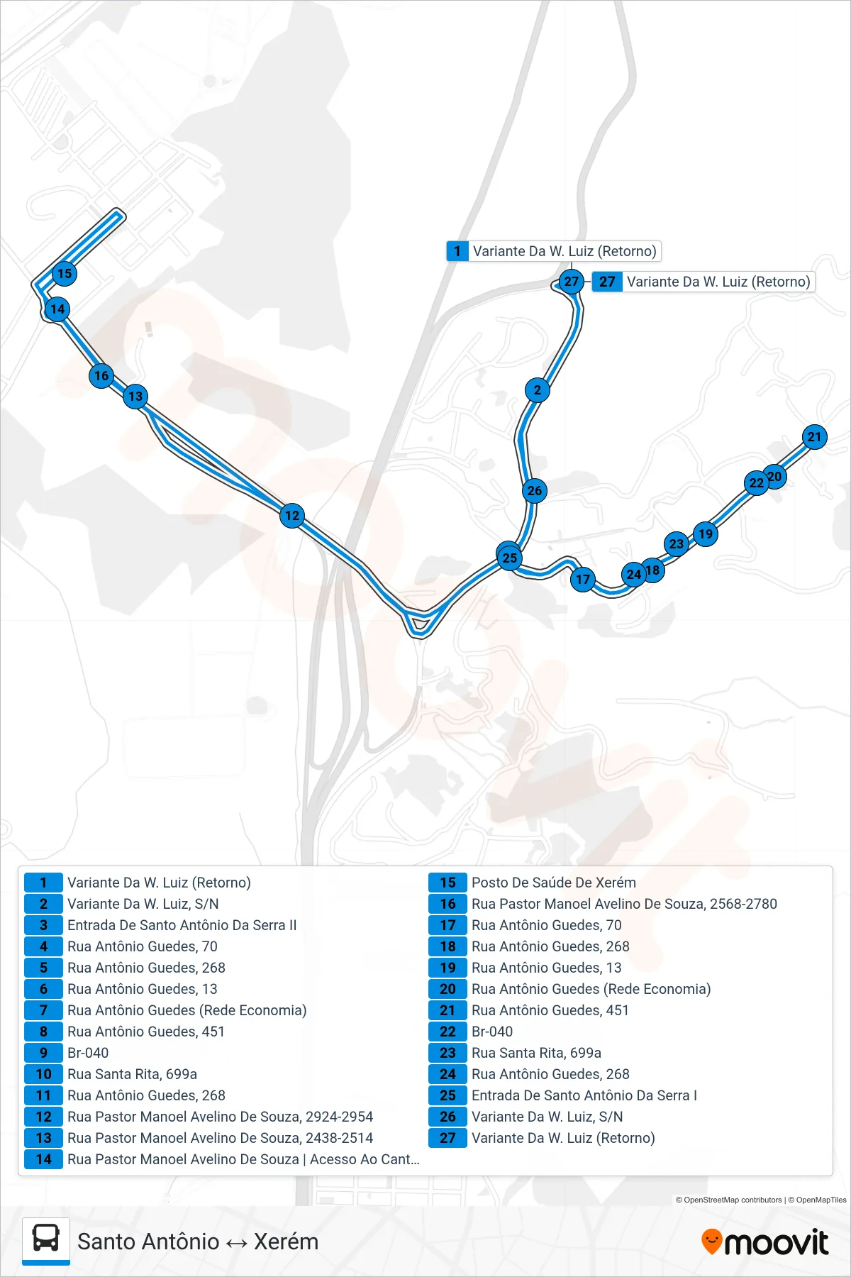 Rota e paradas da linha de ônibus TZ10 (Santo Antônio ↔ Xerém) no mapa