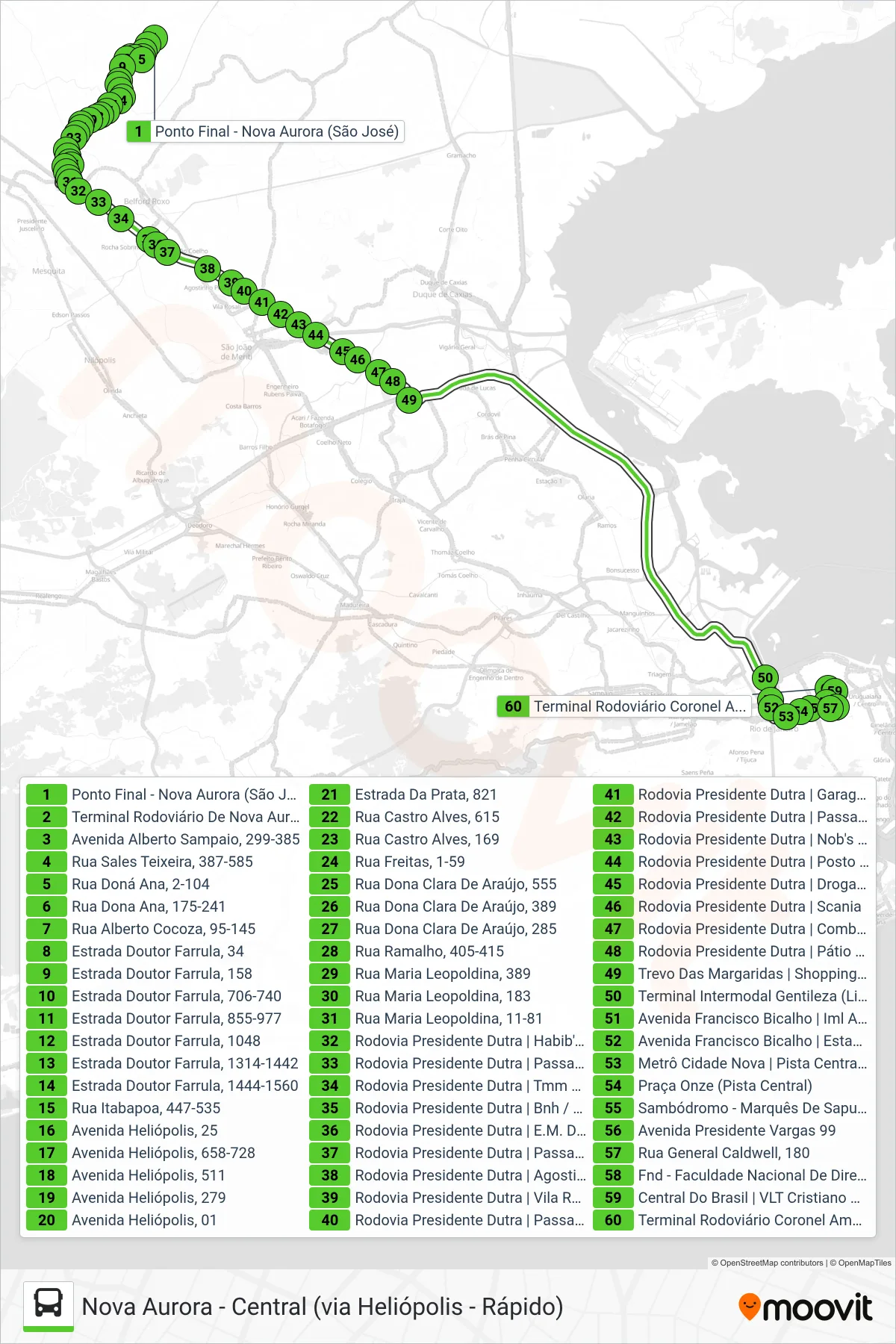 Rota e paradas da linha de ônibus 1518B (Central) no mapa