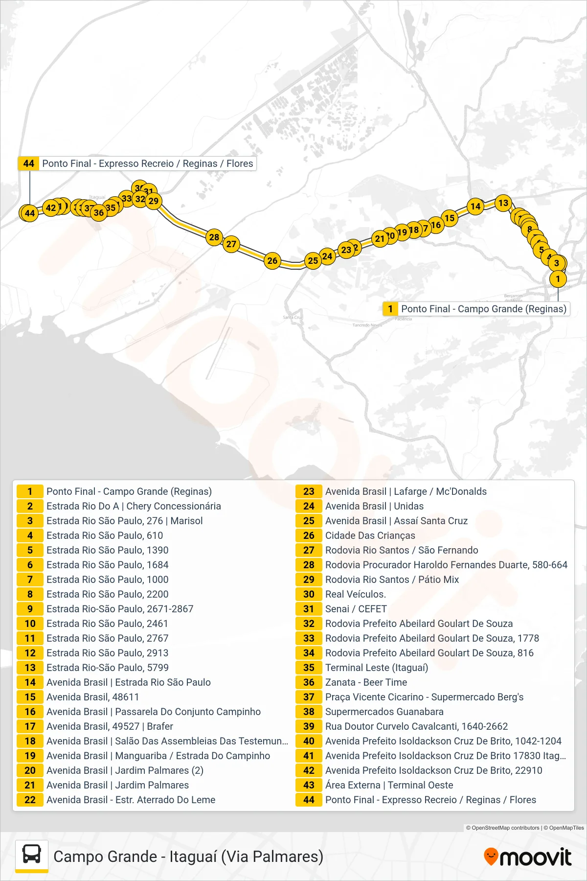 Rota e paradas da linha de ônibus 458S (Itaguaí (Via Palmares)) no mapa