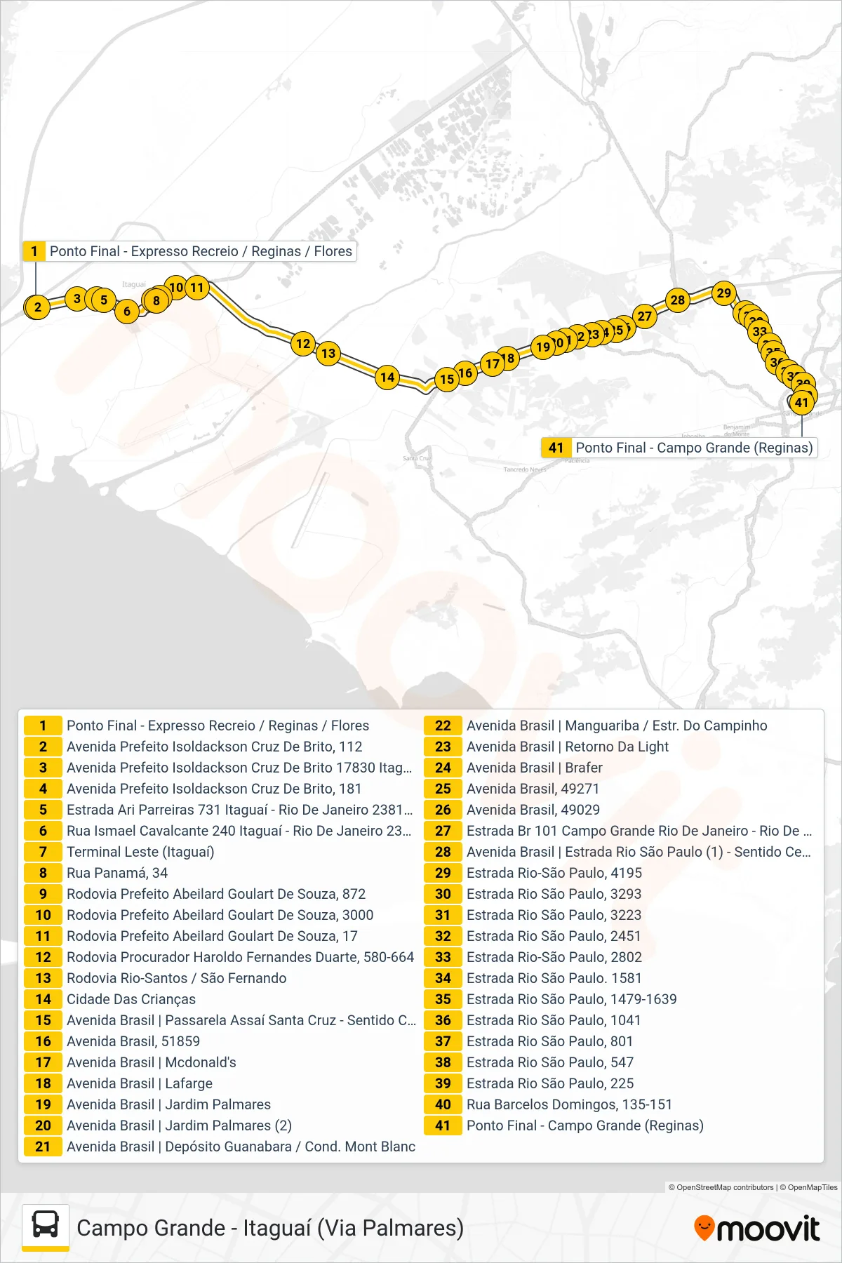 Rota e paradas da linha de ônibus 458S (Campo Grande (Via Palmares)) no mapa