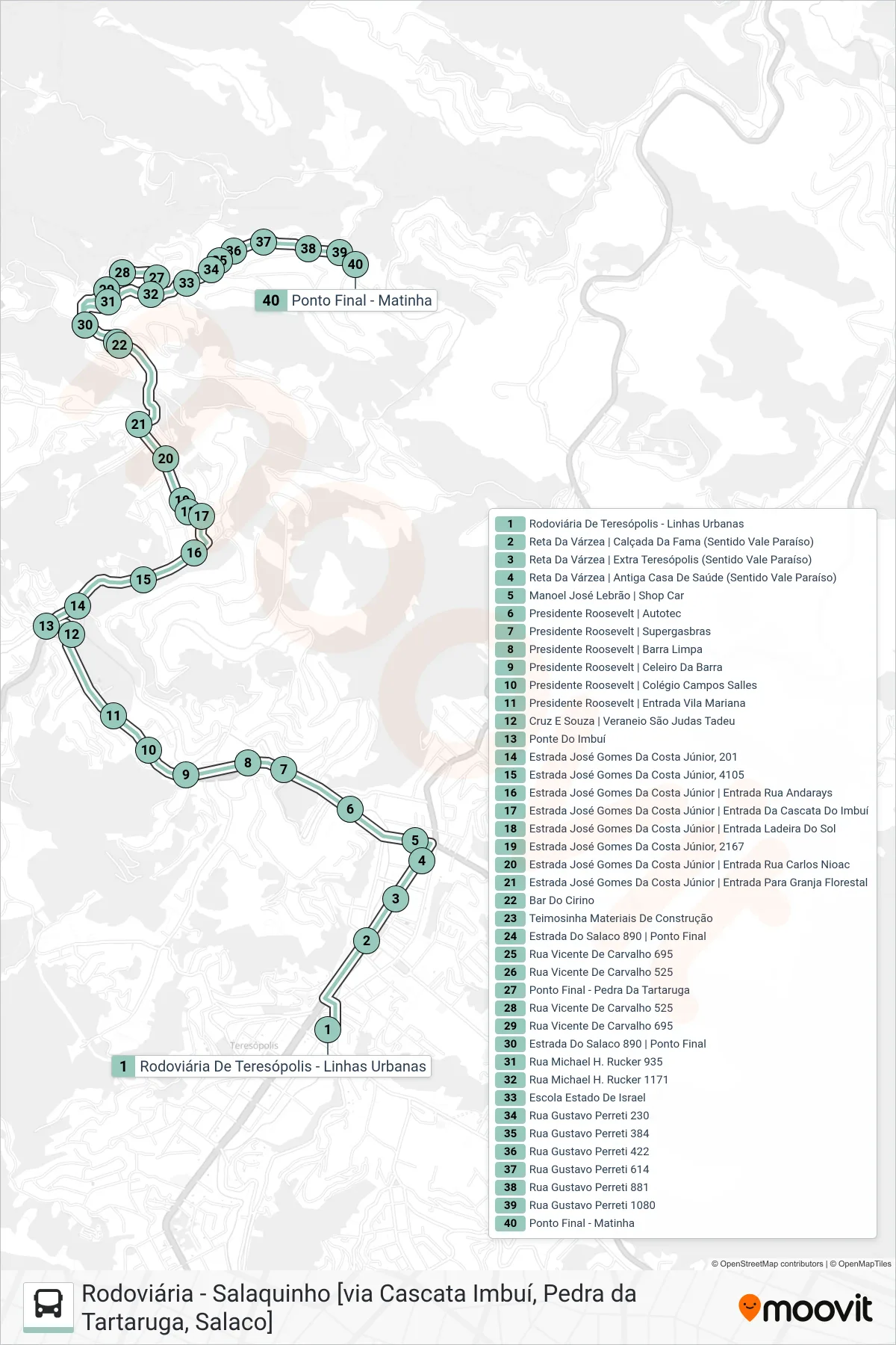 Rota e paradas da linha de ônibus  P07  (Salaquinho ↔ P. Tartaruga                                                     [Via Casc. Imbuí, Salaco]) no mapa