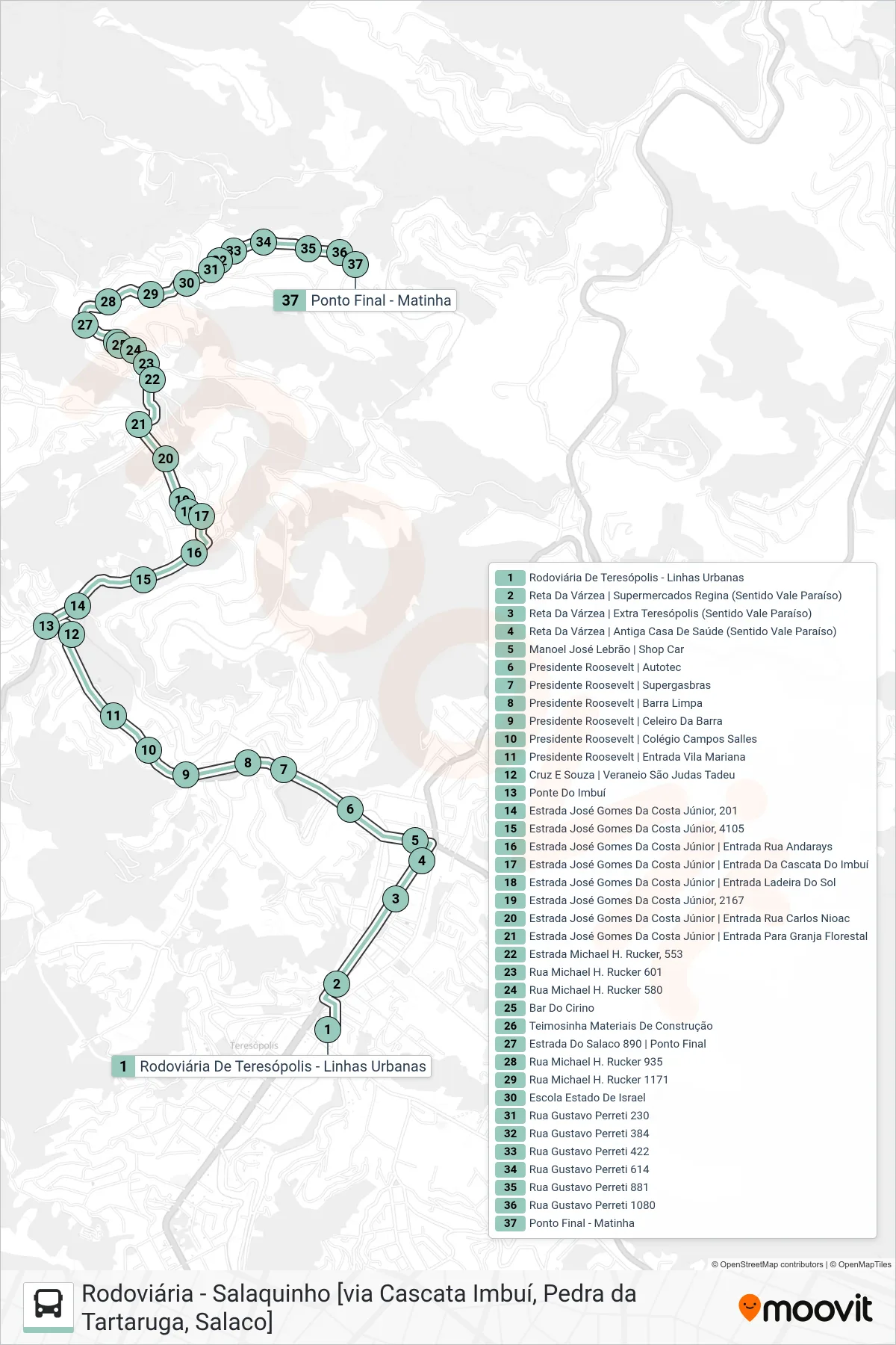 Rota e paradas da linha de ônibus  P07  (Salaquinho [Via Casc. Imbuí, Salaco]) no mapa