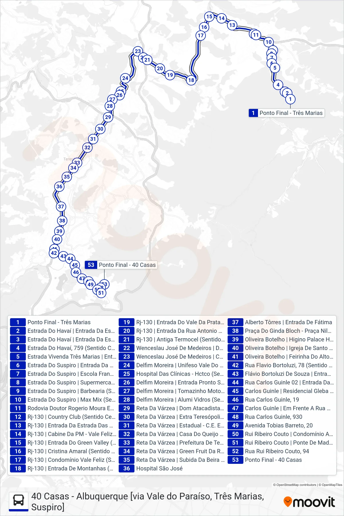 Rota e paradas da linha de ônibus  03  (40 Casas [Via Alto, Três Marias]) no mapa