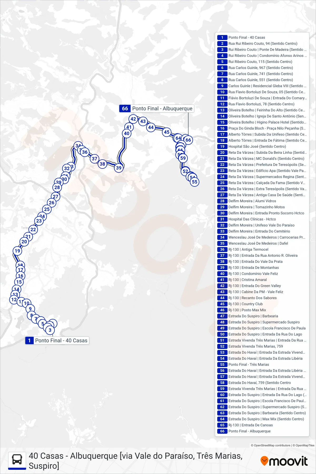 Rota e paradas da linha de ônibus  03  (Albuquerque [Via V. Paraíso, Três Marias]) no mapa