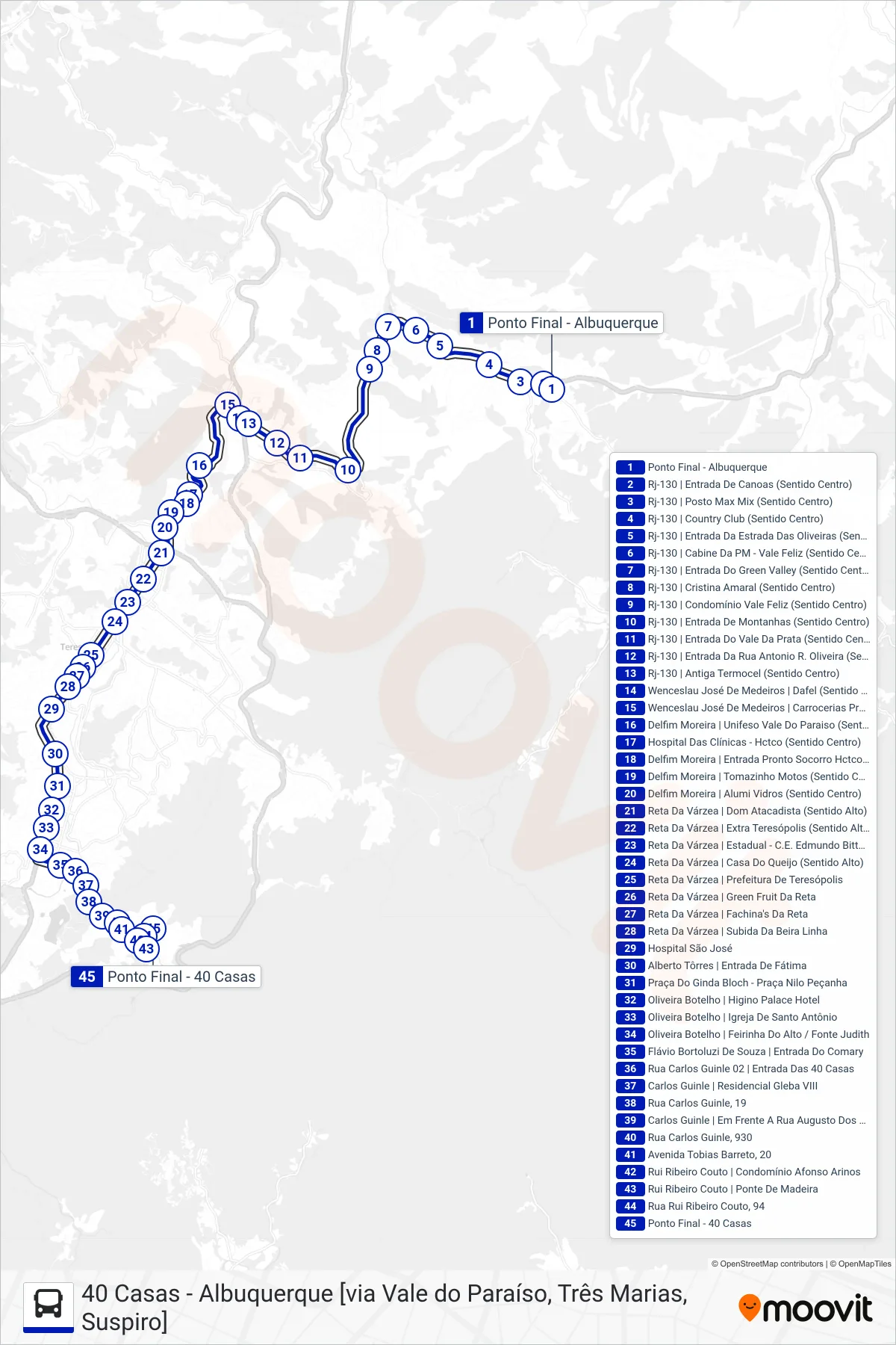 Rota e paradas da linha de ônibus  03  (40 Casas [Via Vale Paraiso, Alto]) no mapa