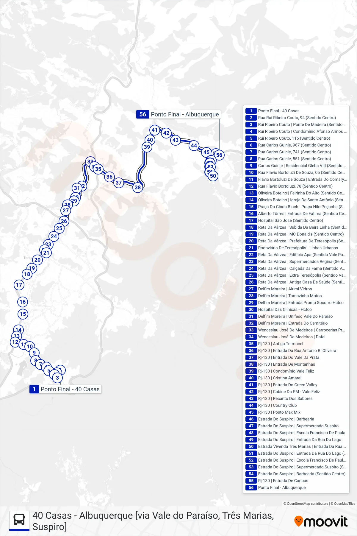 Rota e paradas da linha de ônibus  03  (Albuquerque [Via V. Paraíso, Suspiro]) no mapa