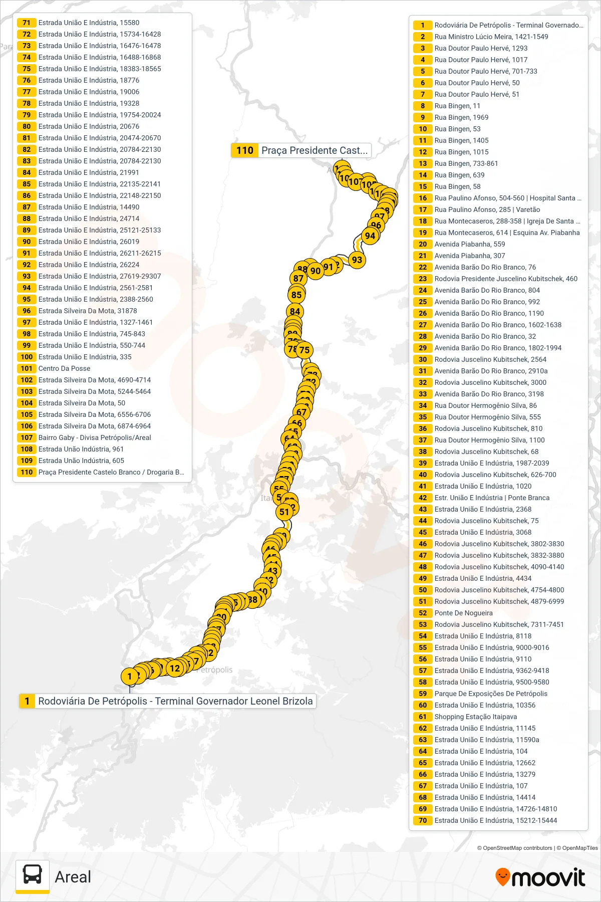 Rota e paradas da linha de ônibus MP75 (Areal) no mapa