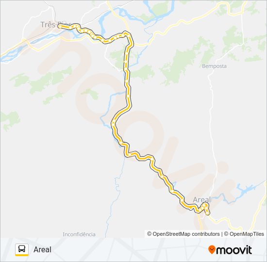 Mapa da linha AREAL - TRÊS RIOS (EXECUTIVO) de ônibus