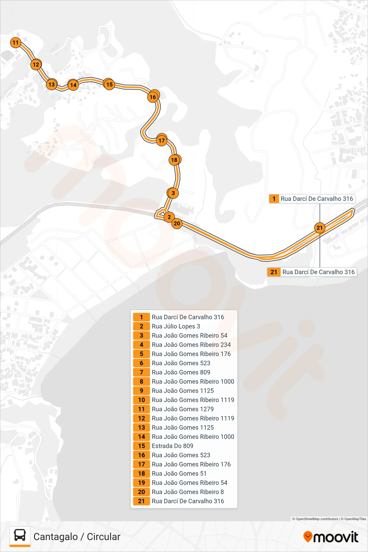 Rota e paradas da linha de ônibus  101  (Cantagalo / Circular) no mapa