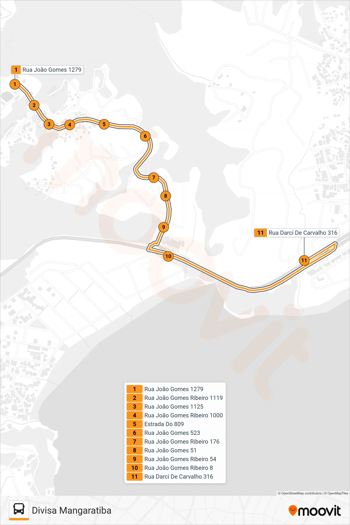Rota e paradas da linha de ônibus 101 (Divisa Mangaratiba) no mapa