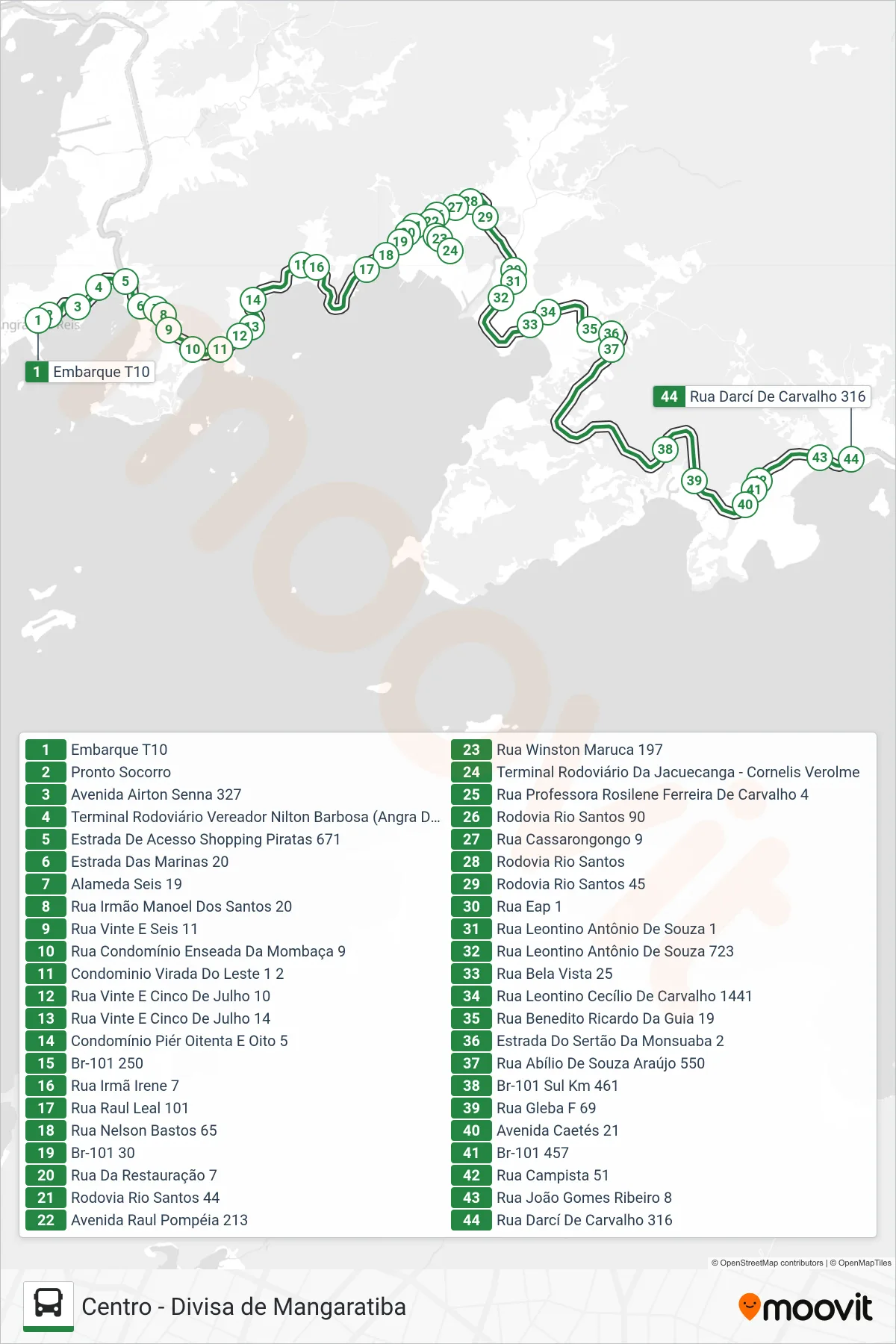 T10 bus Line (Divisa Mangaratiba) route and stops on a map