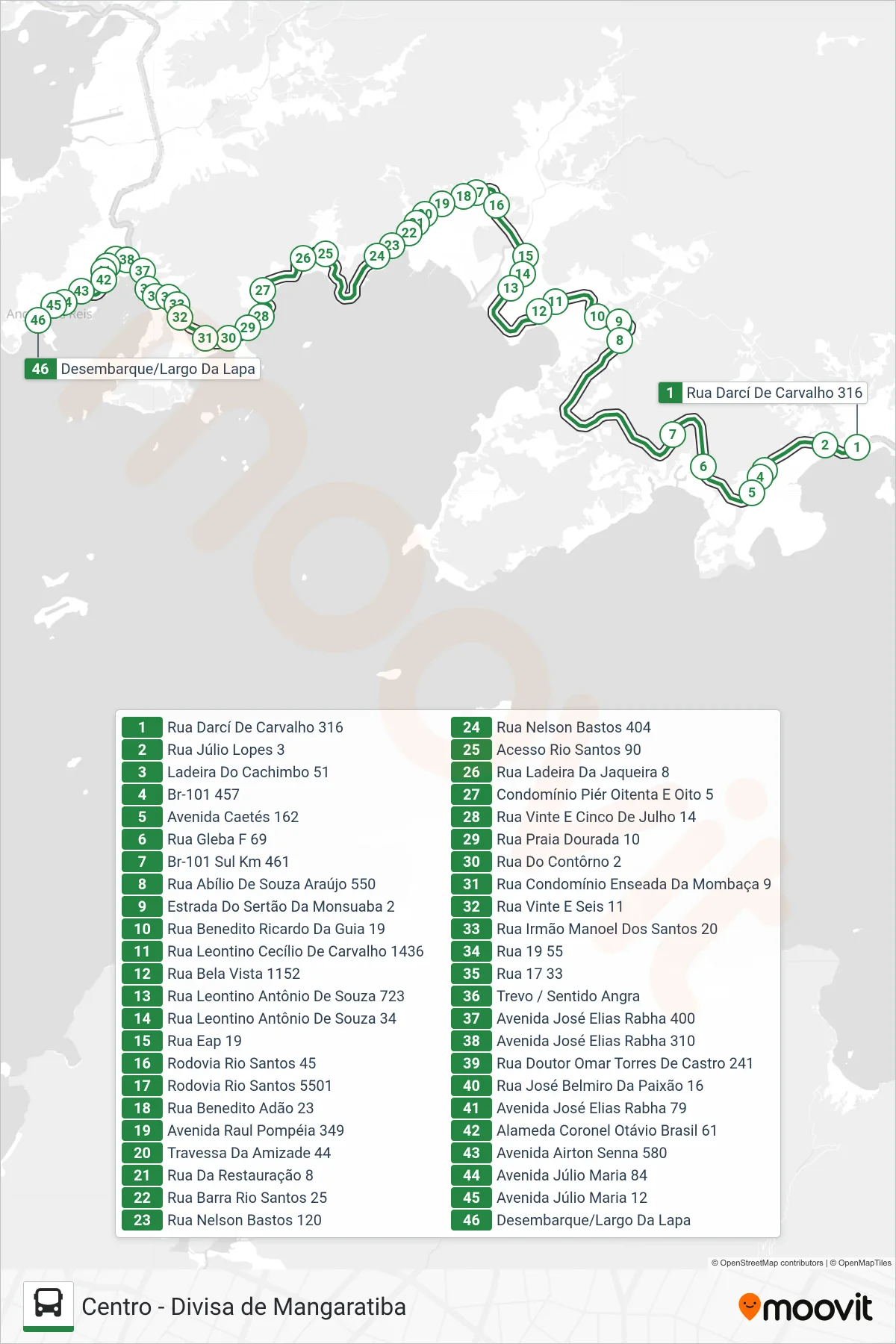 Rota e paradas da linha de ônibus T10 (Centro (Direto)) no mapa