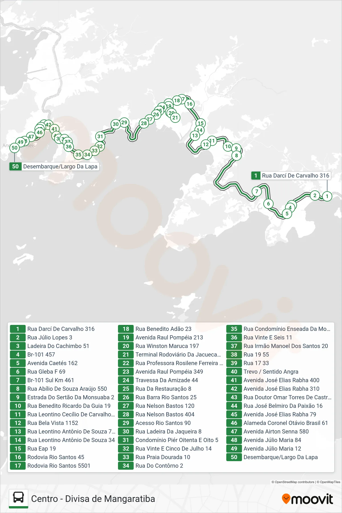 Rota e paradas da linha de ônibus T10 (Centro) no mapa