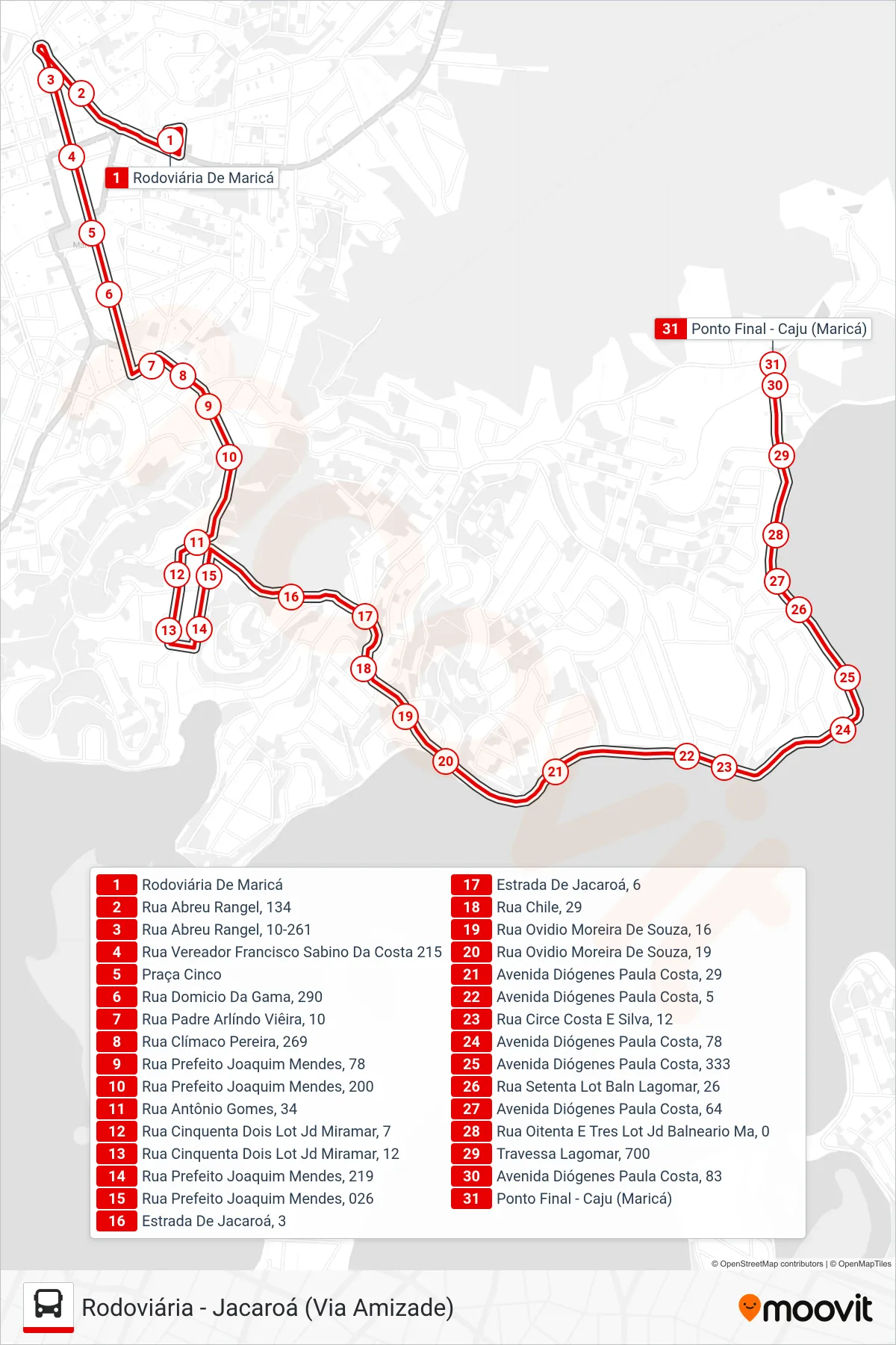 Rota e paradas da linha de ônibus E08 (Jacaroá) no mapa