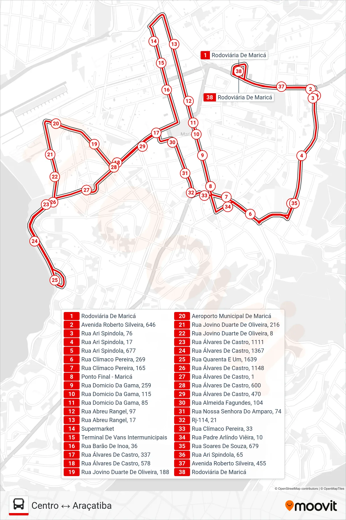 Rota e paradas da linha de ônibus E11 (Centro ↔ Araçatiba) no mapa