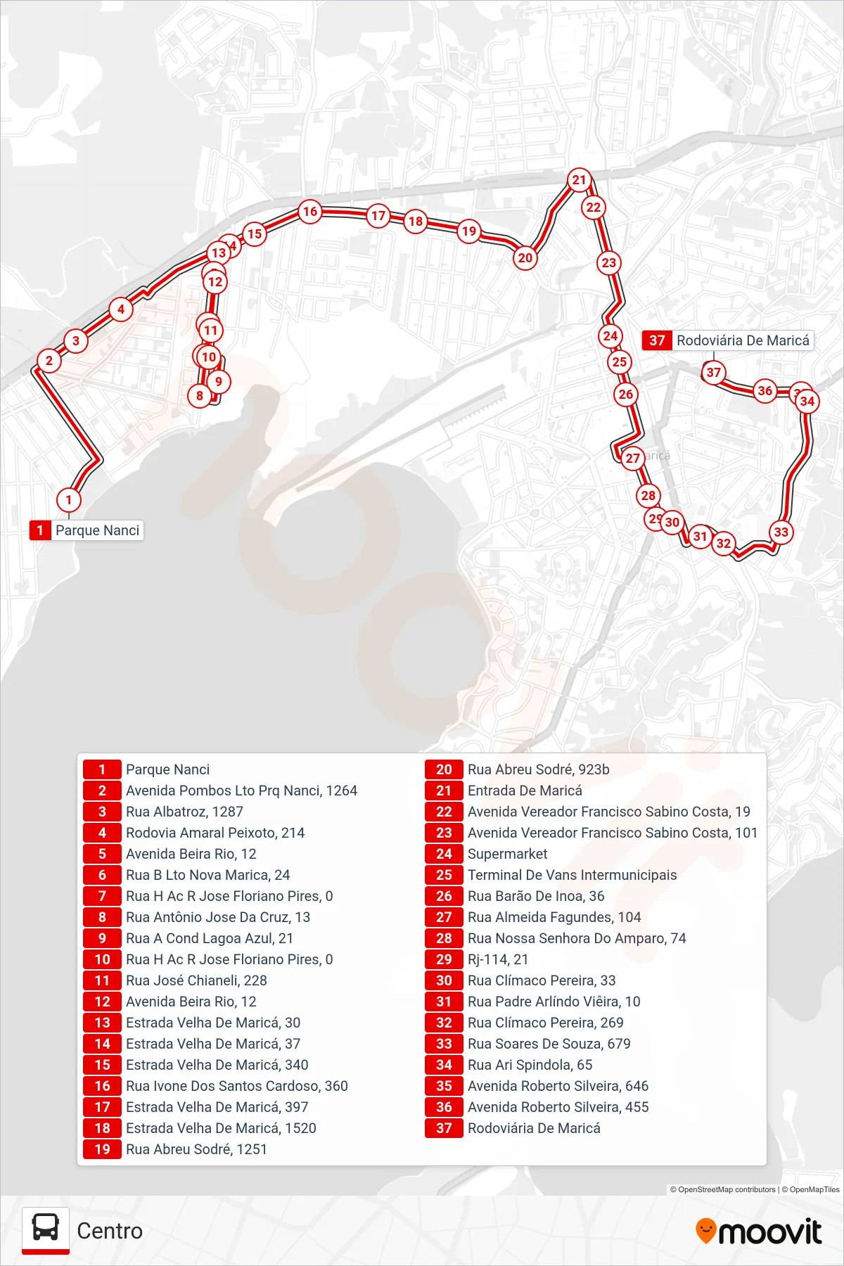 Rota e paradas da linha de ônibus E13 (Centro) no mapa