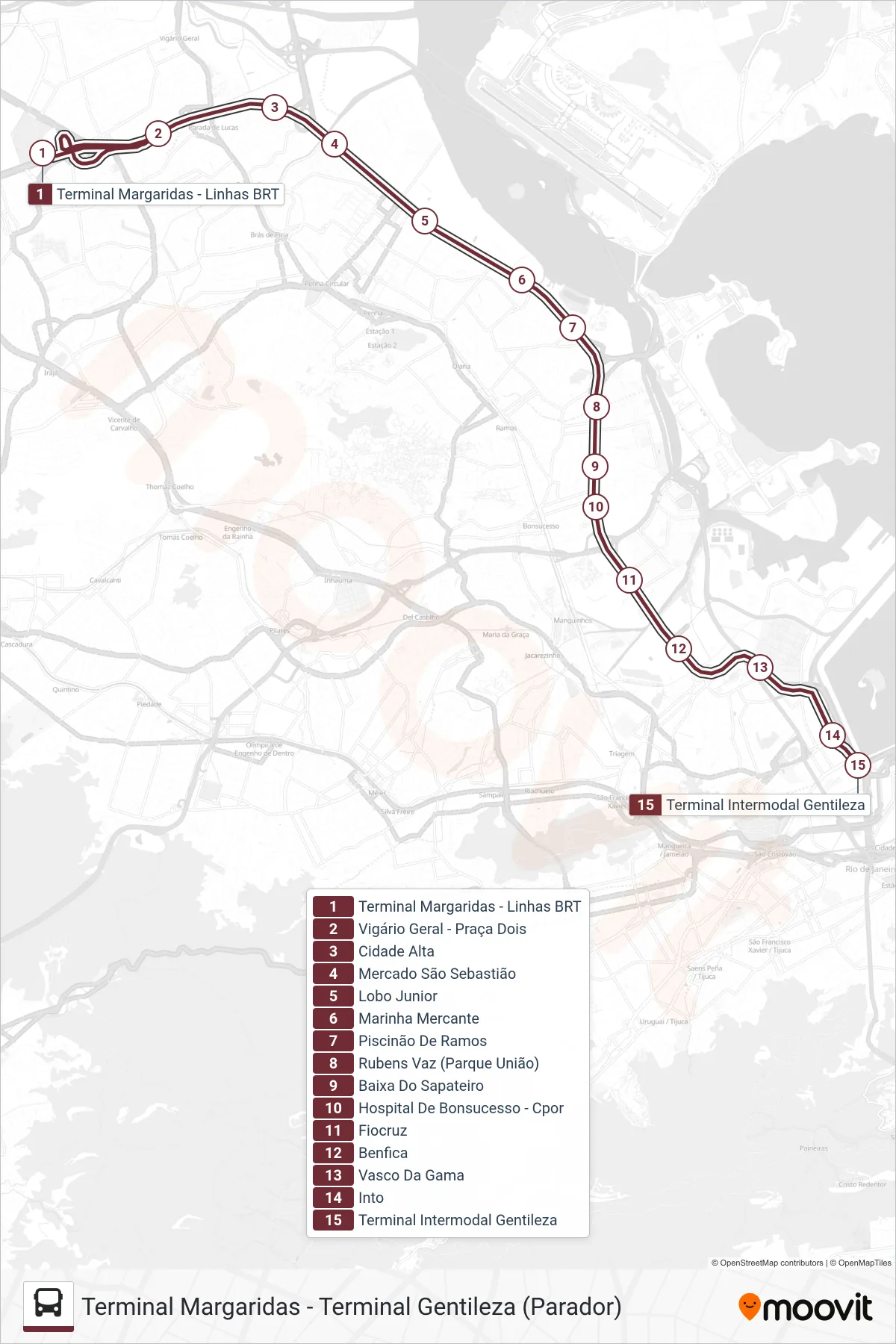 Rota e paradas da linha de ônibus 70 (Terminal Gentileza) no mapa