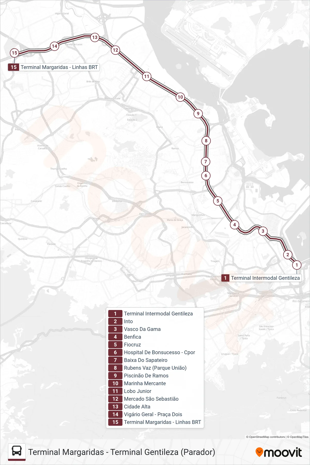 Rota e paradas da linha de ônibus  70  (Terminal Margaridas) no mapa
