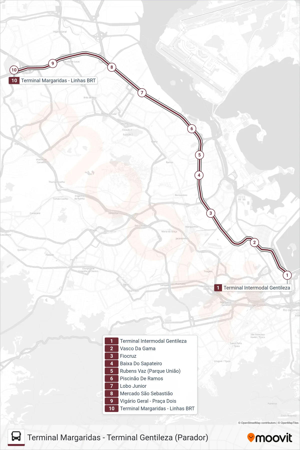 Rota e paradas da linha de ônibus 70 (Terminal Margaridas (Serviço Noturno)) no mapa