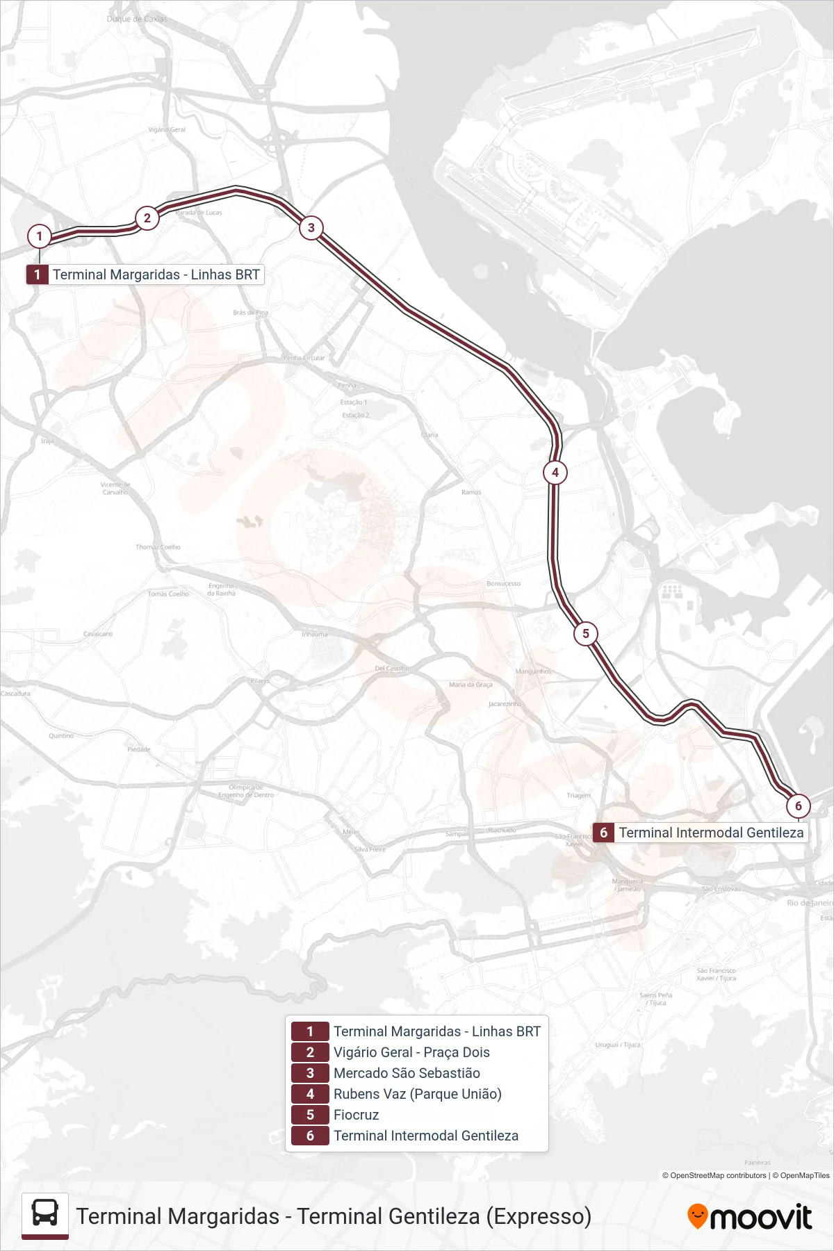 Rota e paradas da linha de ônibus  73  (Terminal Gentileza) no mapa