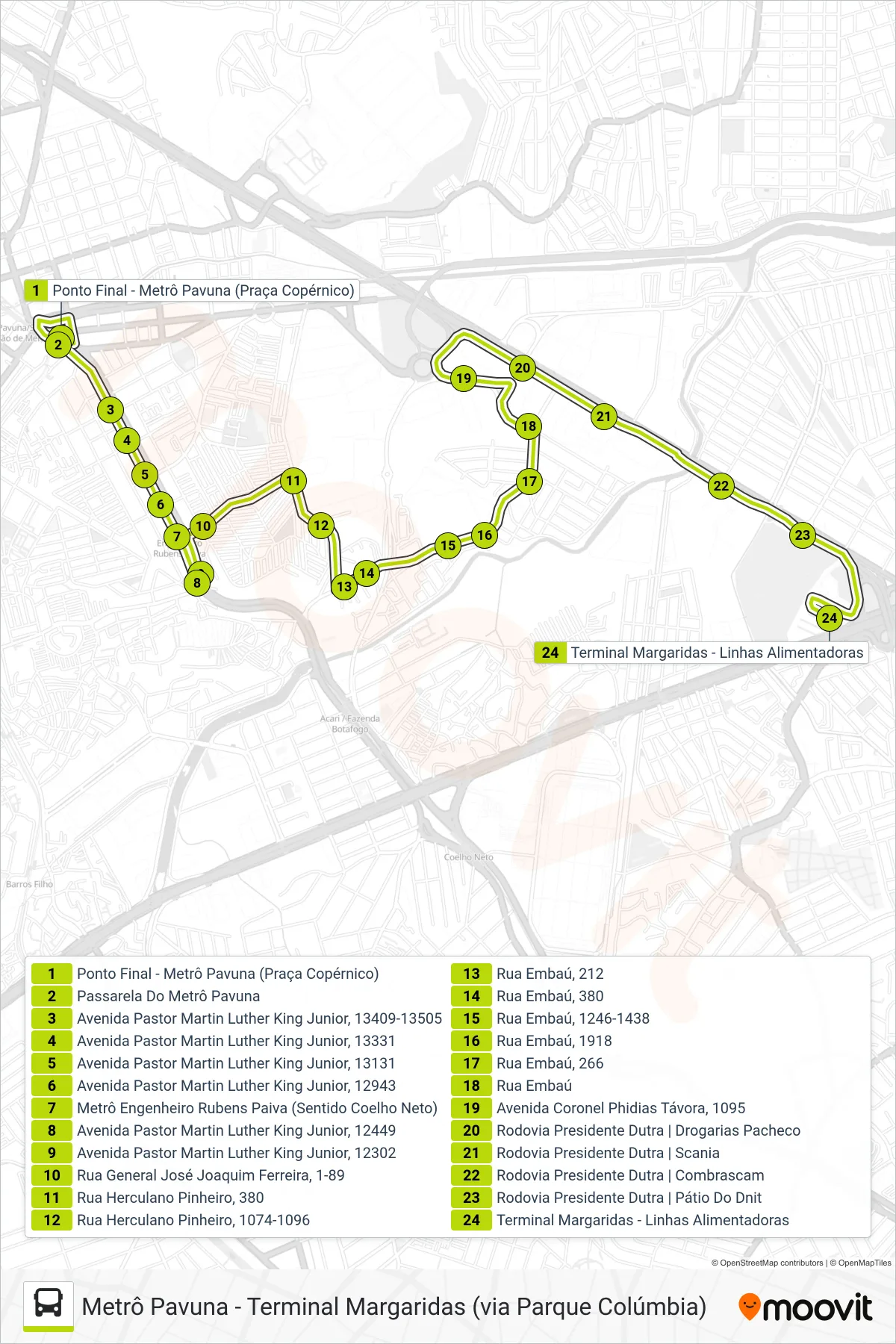 Rota e paradas da linha de ônibus 944 (Terminal Margaridas) no mapa