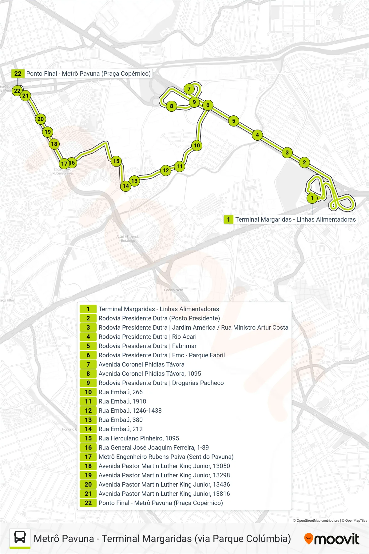 Rota e paradas da linha de ônibus  944  (Metrô Pavuna) no mapa
