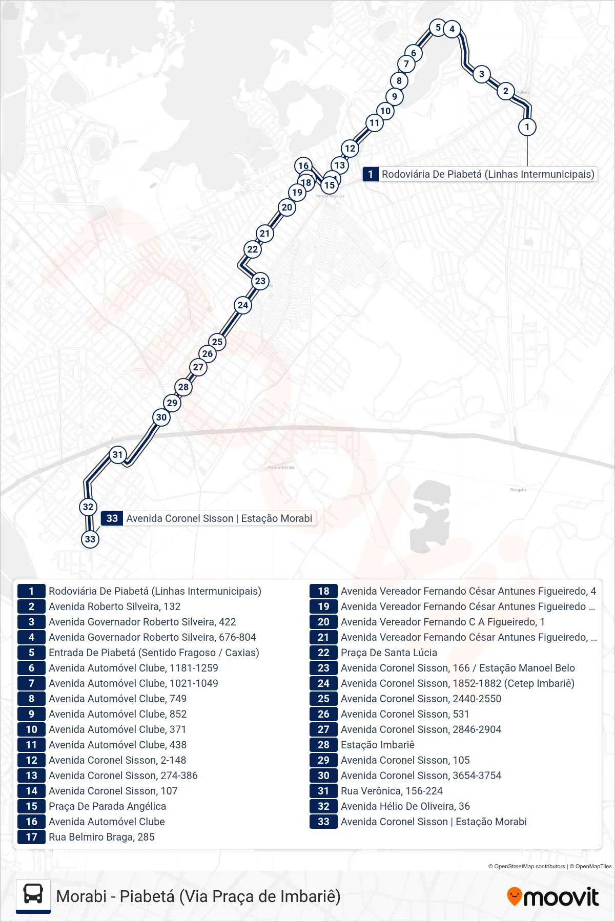 Rota e paradas da linha de ônibus 27M (Morabi) no mapa