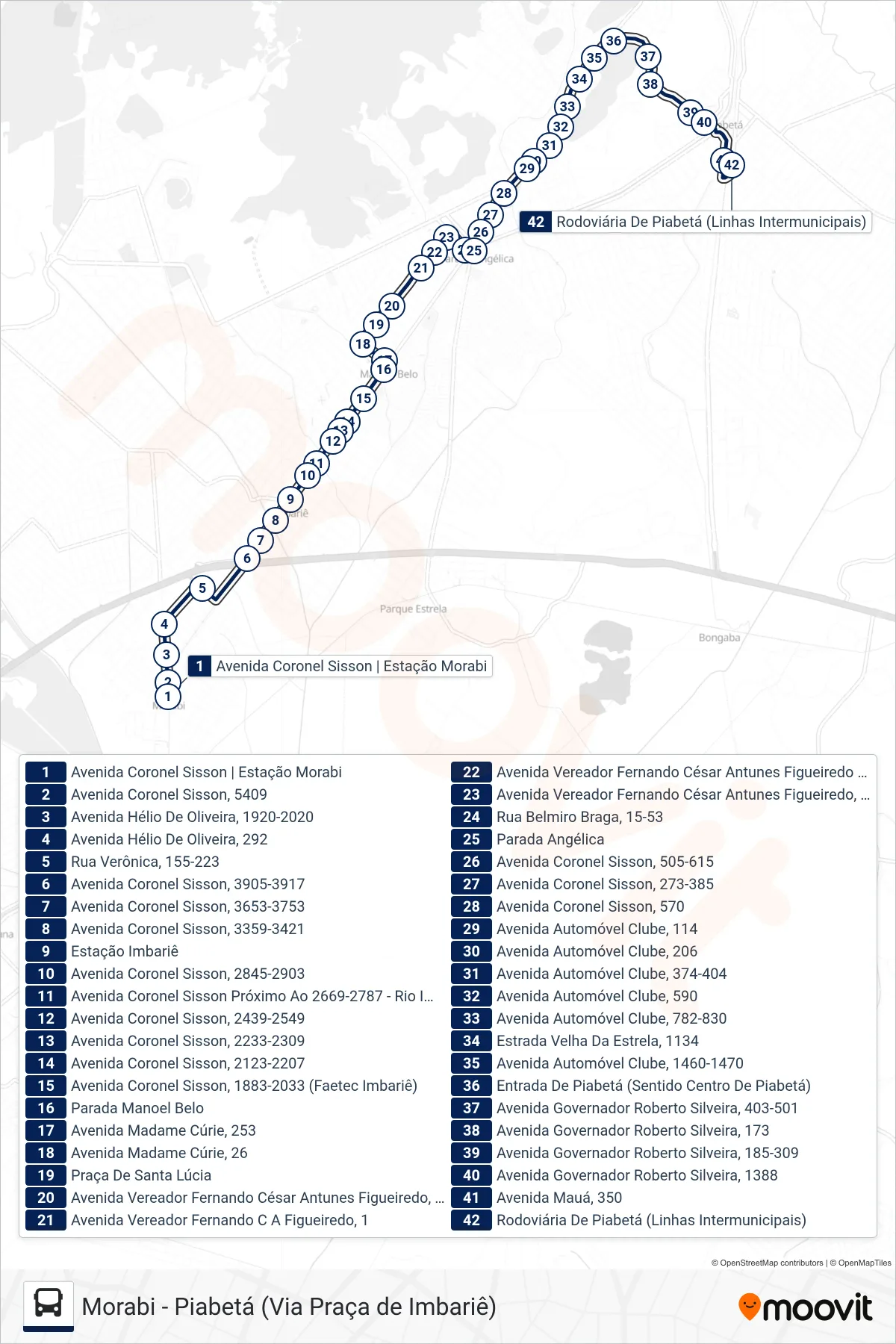Rota e paradas da linha de ônibus 27M (Piabetá) no mapa