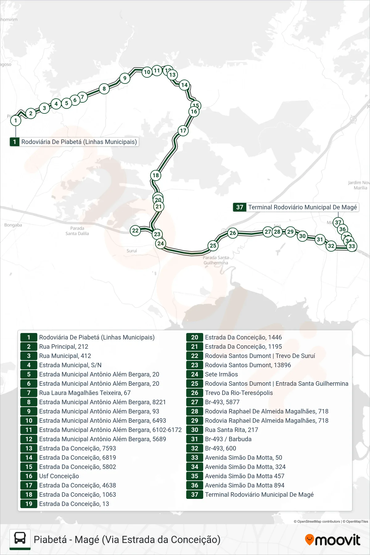 Rota e paradas da linha de ônibus 1007 (Magé) no mapa