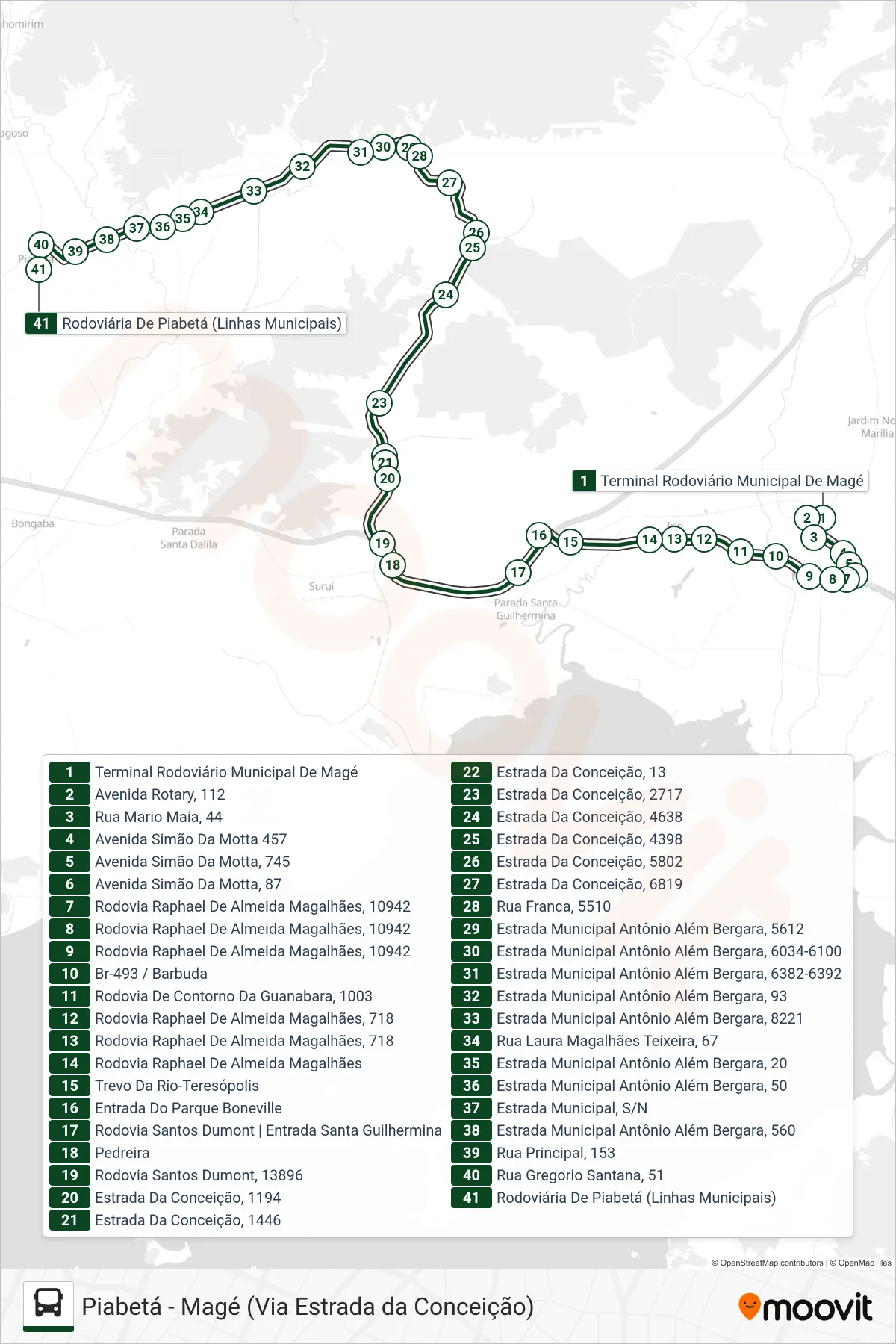 Rota e paradas da linha de ônibus 1007 (Piabetá) no mapa