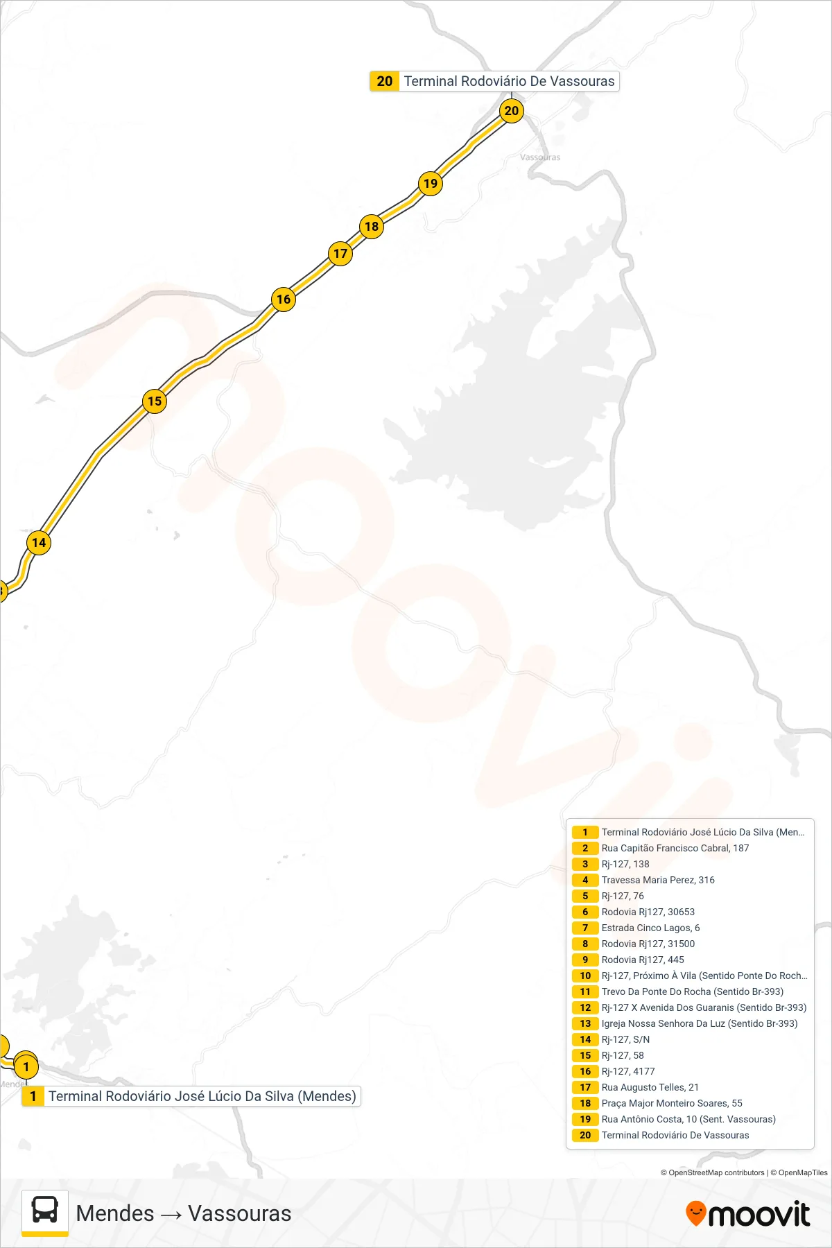MP11 bus Line (Mendes → Vassouras) route and stops on a map