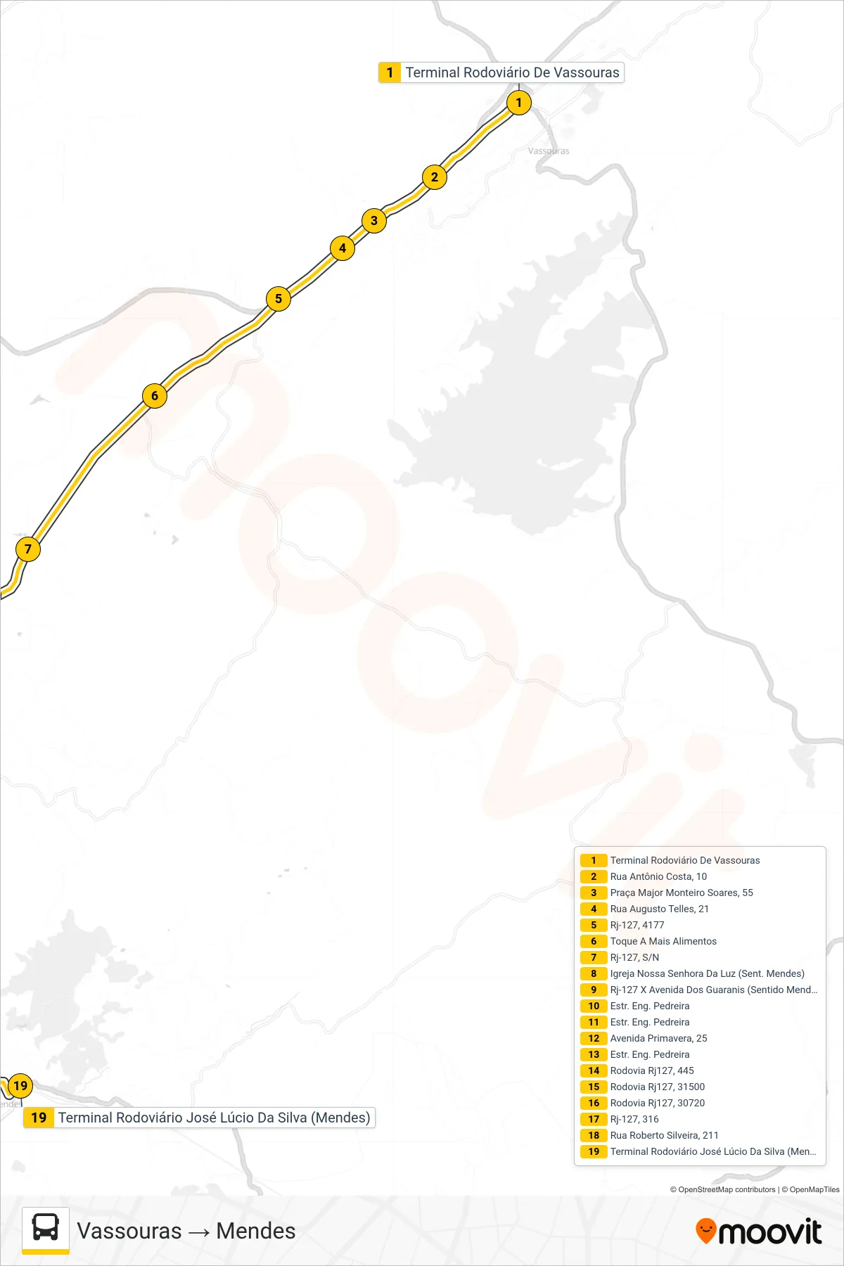 Rota e paradas da linha de ônibus MP11 (Vassouras → Mendes) no mapa