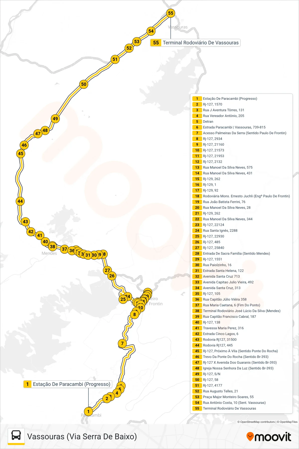 MP11 bus Line (Vassouras (Via Serra De Baixo)) route and stops on a map