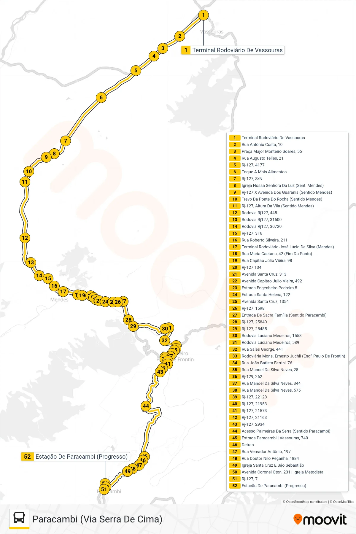 Rota e paradas da linha de ônibus  MP11  (Paracambi (Via Serra De Cima)) no mapa