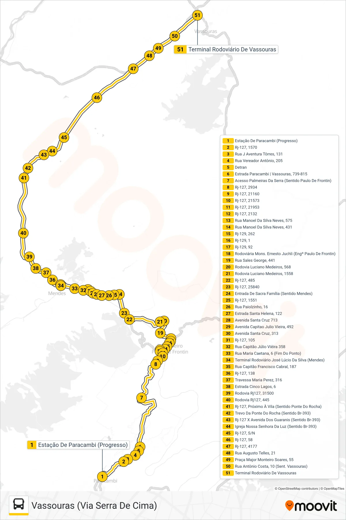 MP11 bus Line (Vassouras (Via Serra De Cima)) route and stops on a map