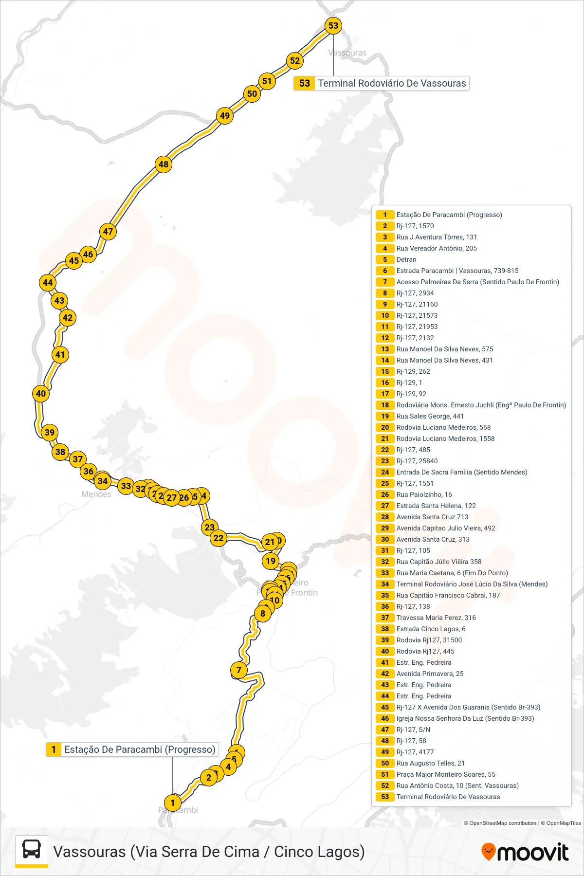 MP11 bus Line (Vassouras (Via Serra De Cima / Cinco Lagos)) route and stops on a map